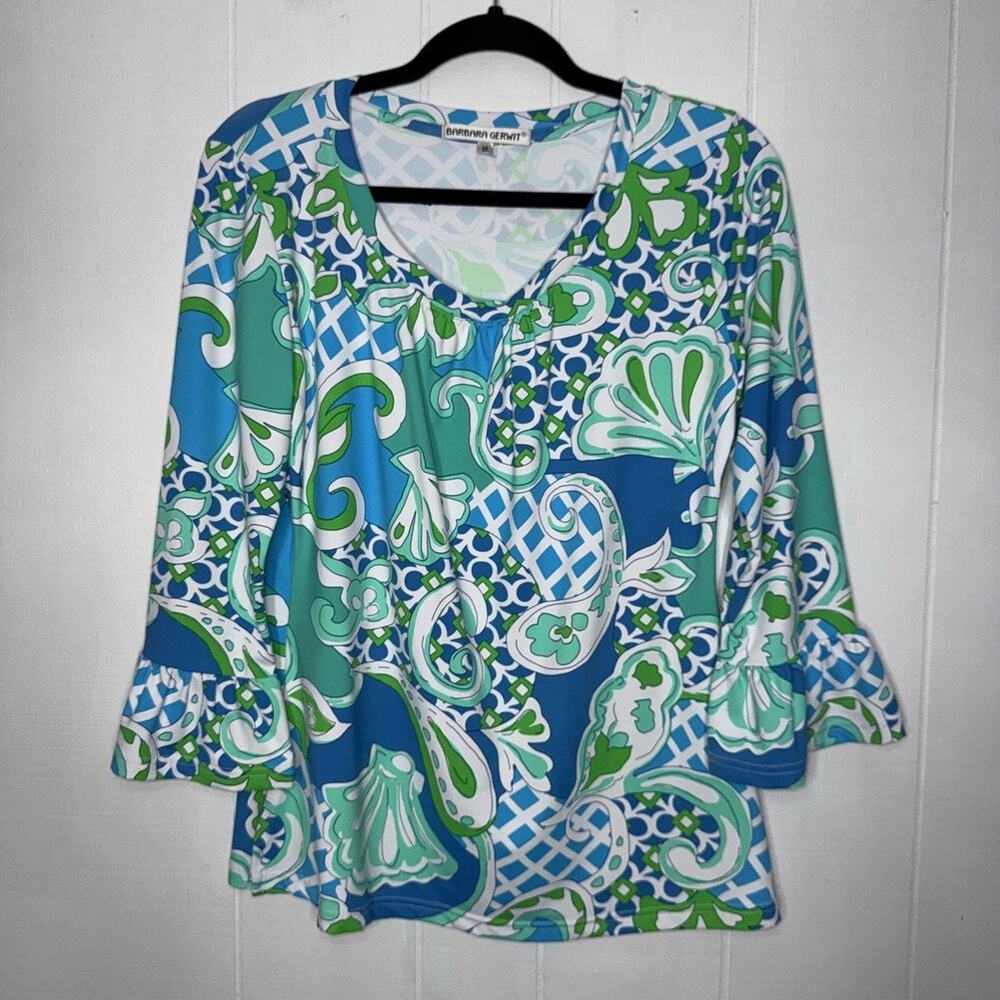 Barbara Gerwit Women’s Paisley Stretch Knit Top Teal Blue Size Medium